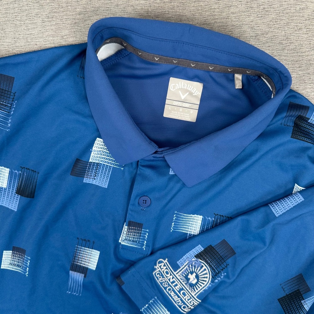 Callaway Golf Polo Shirt Men L Blue Geometric Opti-Dri Swing Tech‎ CC Logo
